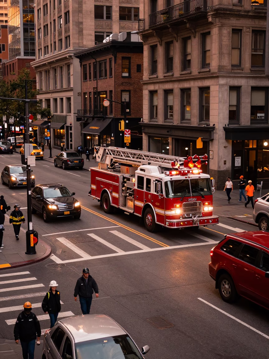 Busy Seattle Street Scene with Fire Engine and Urban Details in Copper Light in in Seattle, Washington, United States