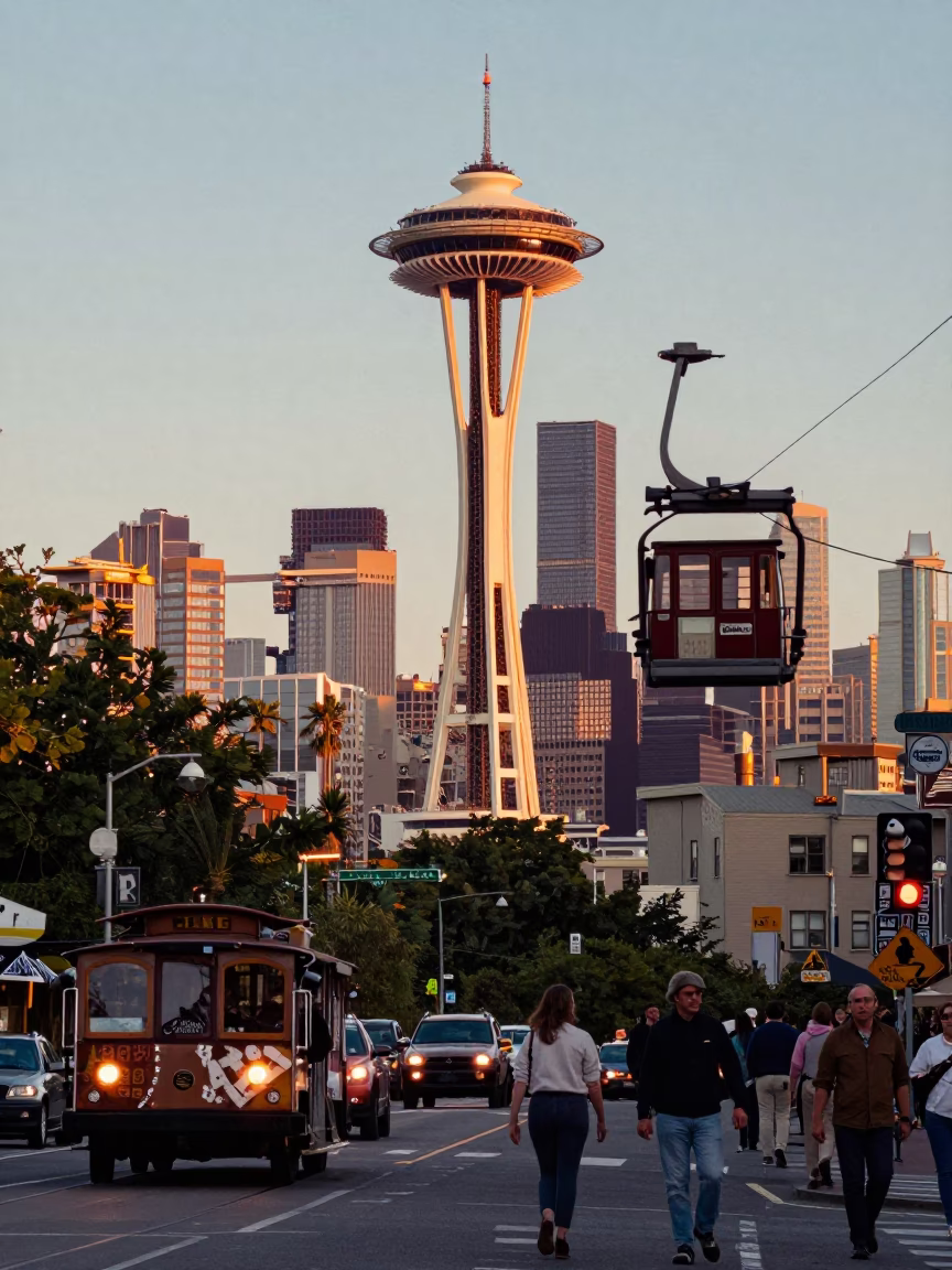 Busy Seattle Sunset Street Scene with Gondola Lift and Urban Life in in Seattle, Washington, United States