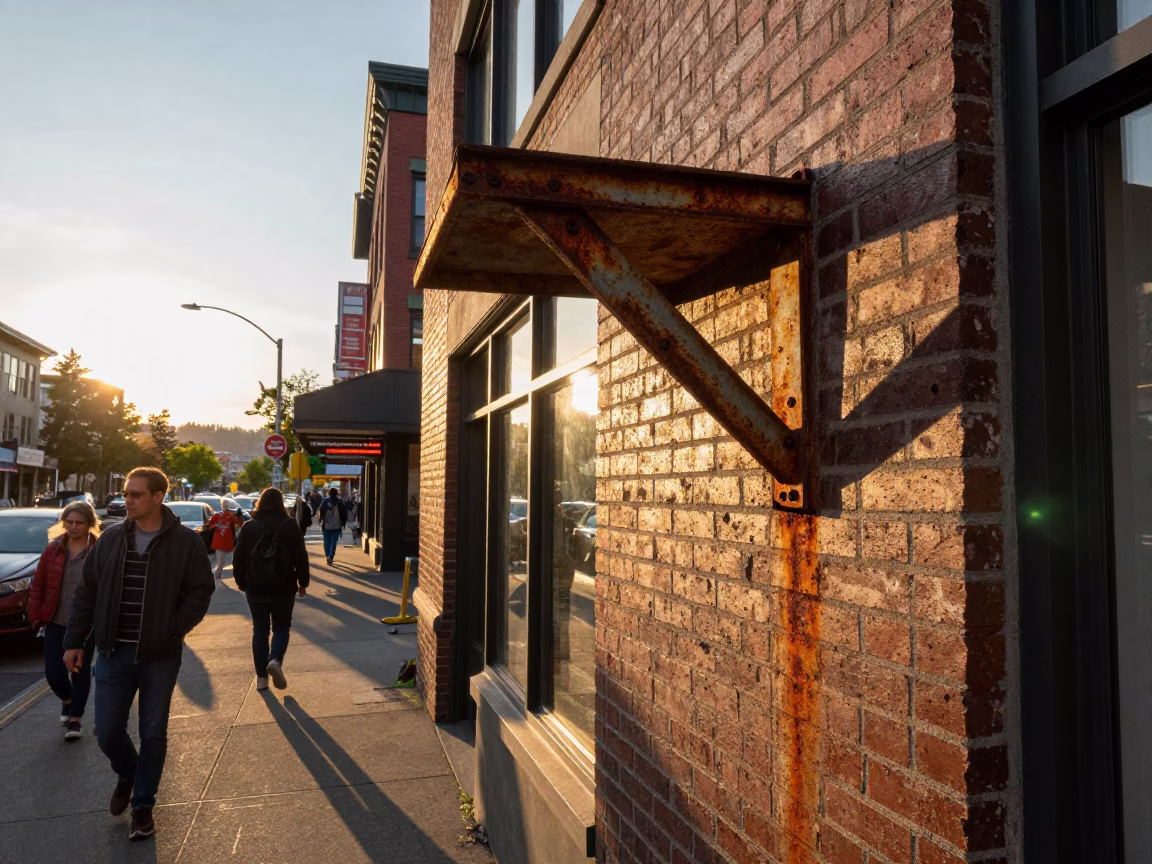 Busy Seattle Sunset Street Scene with Rusty Shelf Bracket and Magnolia Tree in Bloom in in Seattle, Washington, United States