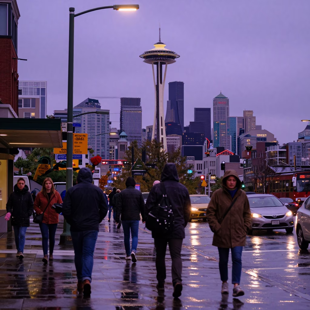 Busy Seattle Washington Early Evening Street Scene with Raincoats and Urban Life in in Seattle, Washington, United States
