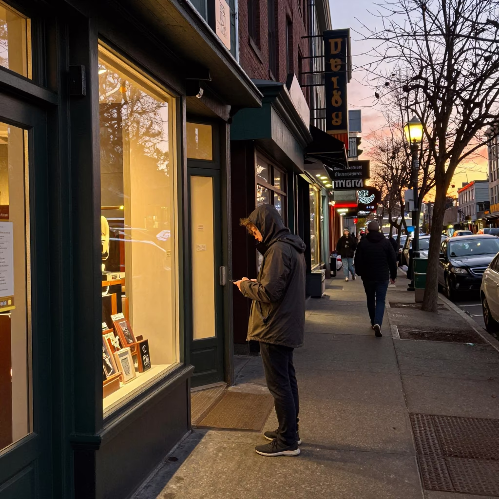 Busy Seattle Washington Evening Street Scene with Local Shop Details and Urban Life in in Seattle, Washington, United States