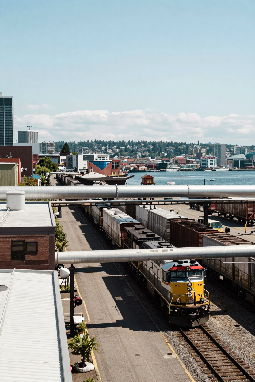 Busy Seattle Washington Harbor District Noon Light with Freight Train and Industrial Elements in in Seattle, Washington, United States