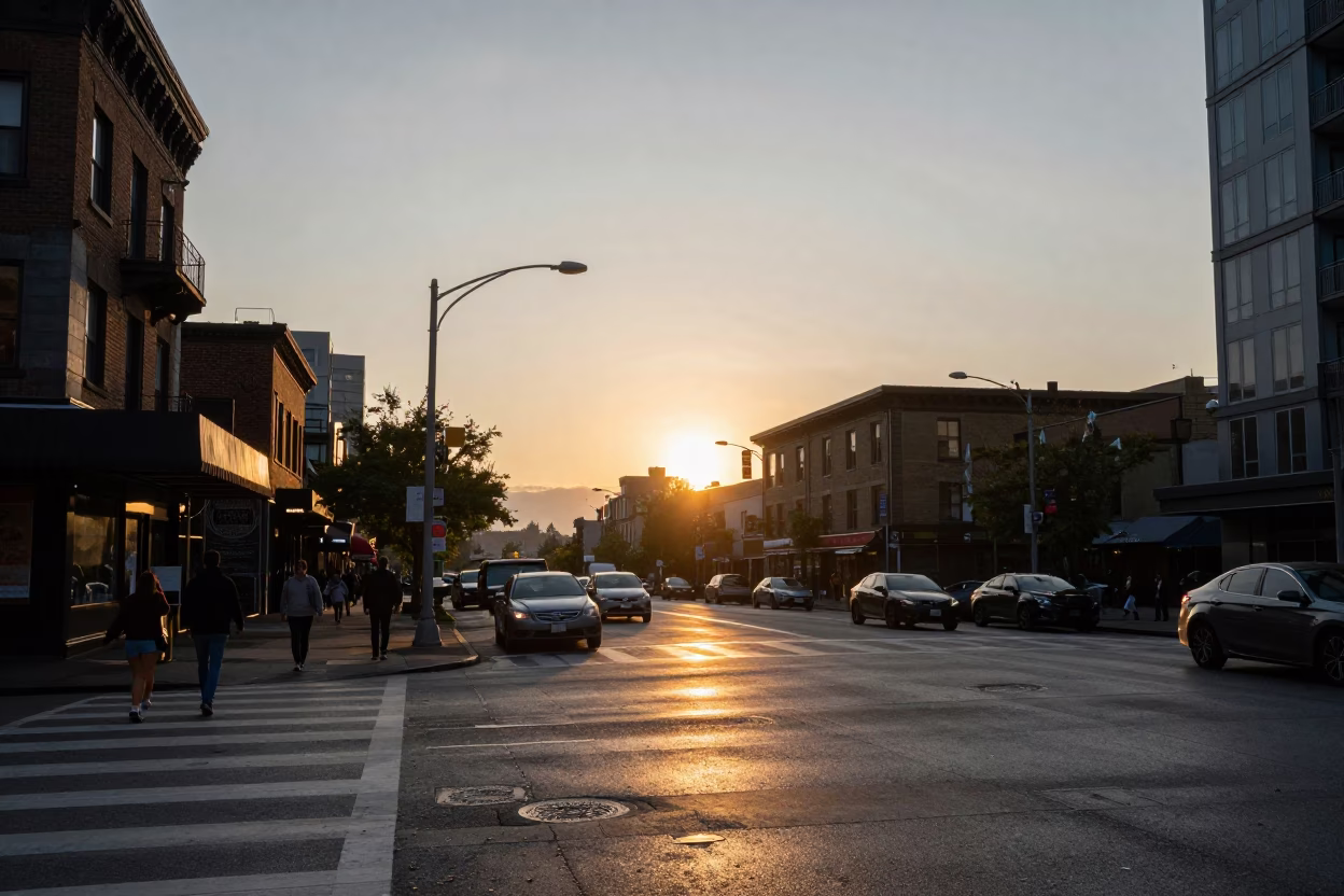 Busy Seattle Washington Street Scene at Sunset with Sunlight on Building in in Seattle, Washington, United States