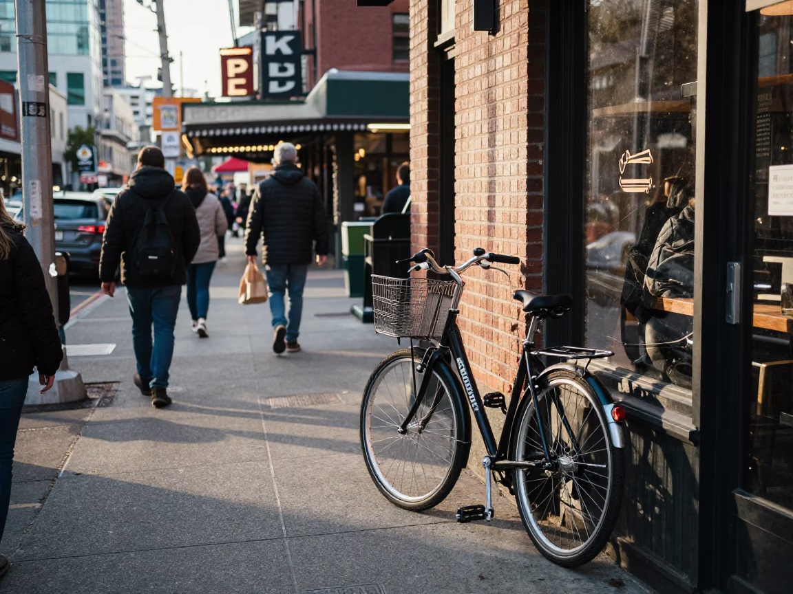 Busy Seattle Washington Street Scene Early Afternoon with Bicycle and Urban Details in in Seattle, Washington, United States