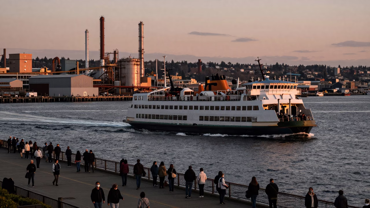 Busy Seattle waterfront dusk scene with ferry crossing industrial harbor and mossy urban details in in Seattle, Washington, United States