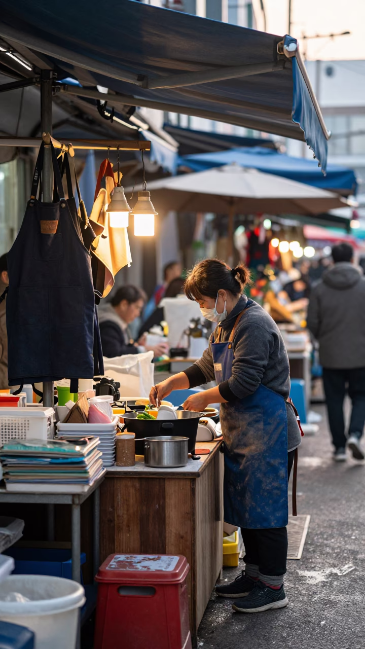 Busy Seoul Market Stall at Dawn with Aprons and Measuring Tapes in in Seoul, South Korea