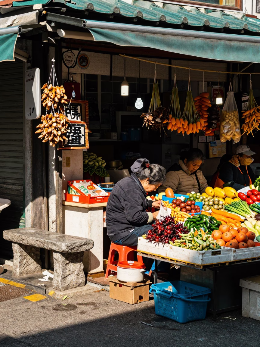 Busy Seoul Market Stall Midday Sunlight and Street Life in South Korea in in Seoul, South Korea