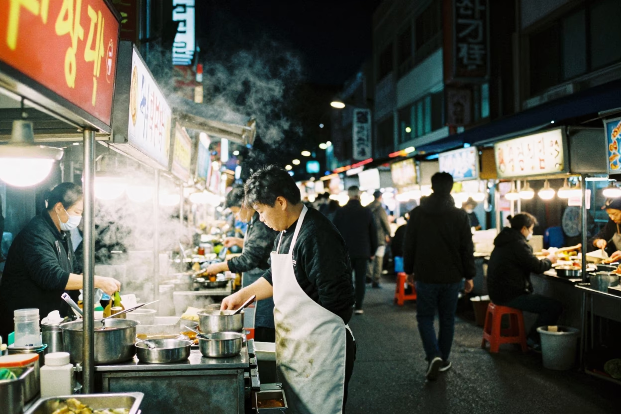 Busy Seoul Night Street Food Stall with Condensation and Kitchen Utensils in in Seoul, South Korea