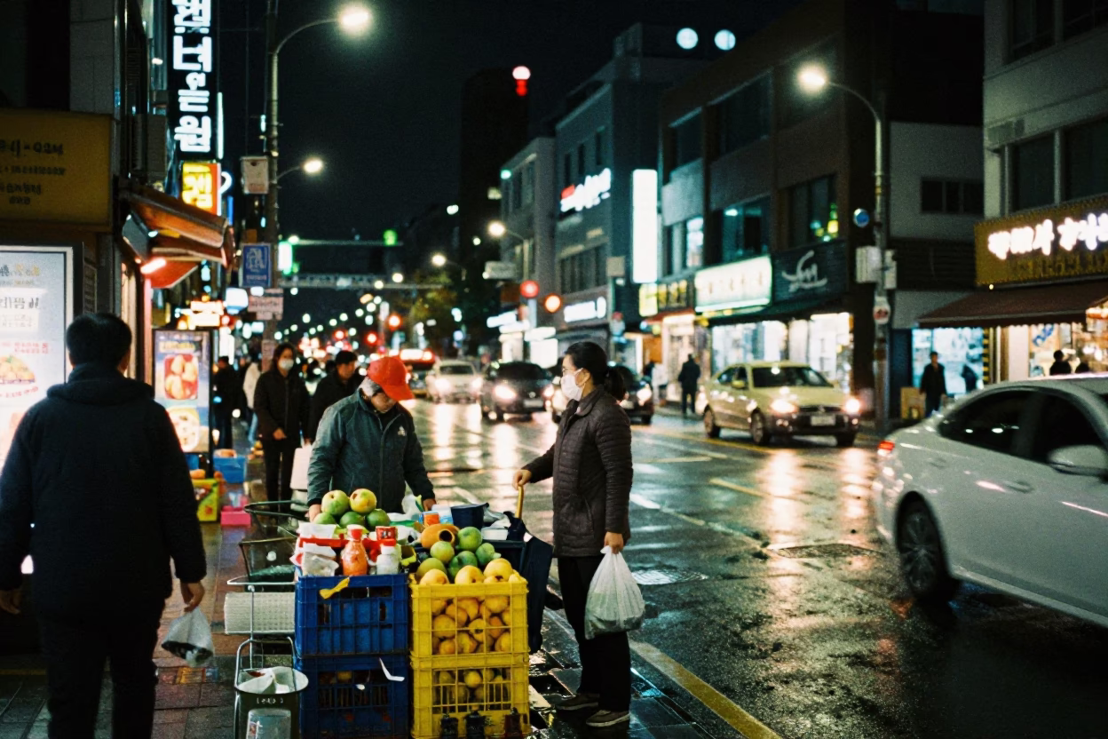 Busy Seoul Night Street Scene with Fruit Crate and Neon Signs in in Seoul, South Korea