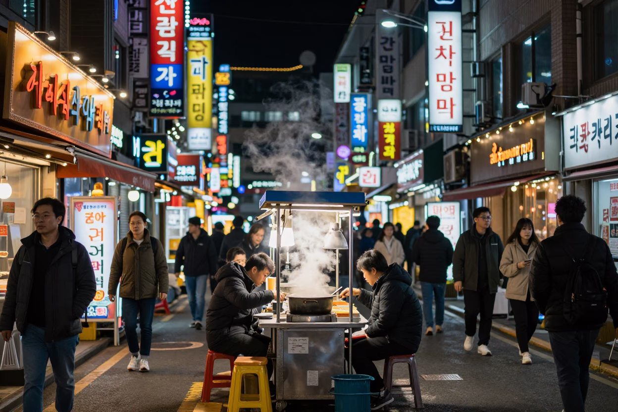 Busy Seoul Night Street Scene with Neon Lights and Urban Activity in in Seoul, South Korea