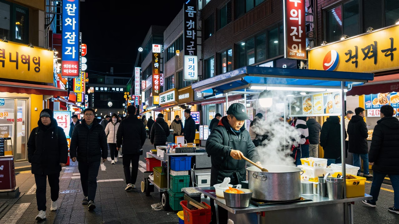 Busy Seoul Night Street Scene with Neon Signs and Traditional Market Activity in in Seoul, South Korea