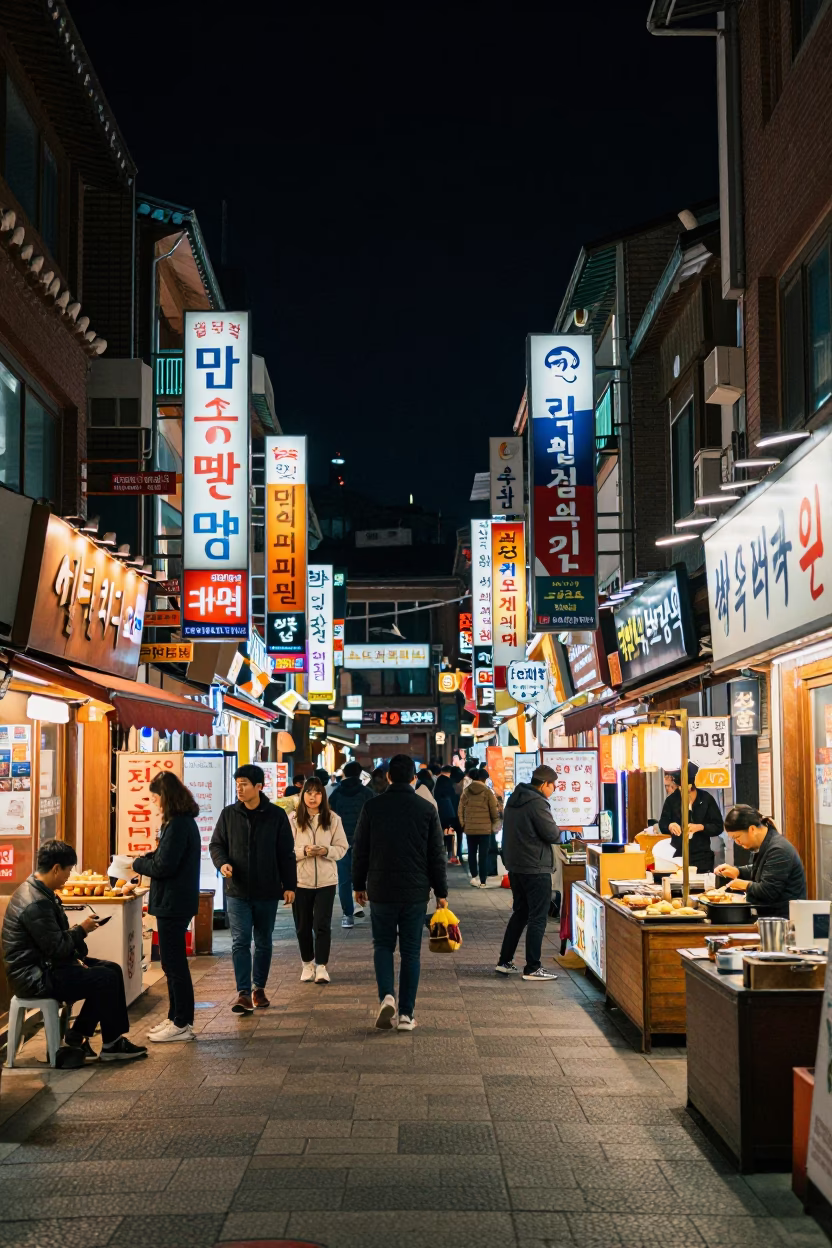 Busy Seoul Night Street Scene with Traditional Korean Food and Neon Lights in in Seoul, South Korea