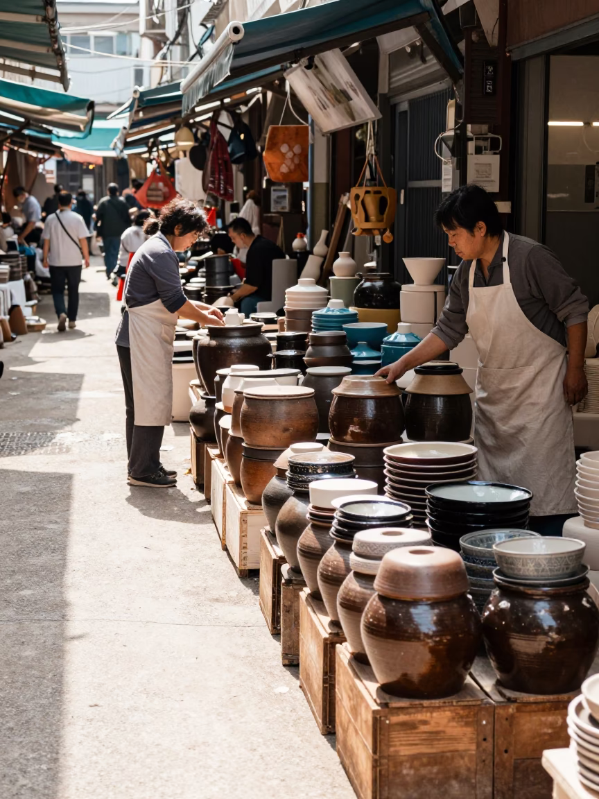 Busy Seoul Pottery Market Midday Scene with Stacked Wares and Local Vendors in in Seoul, South Korea