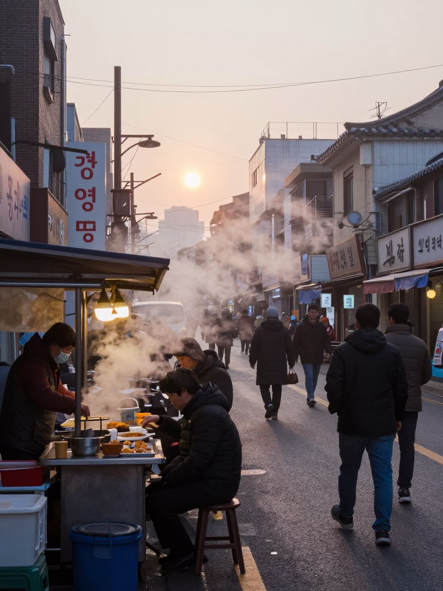 Busy Seoul Street at Dawn with Steam Haze and Yellow Taxi in South Korea in in Seoul, South Korea