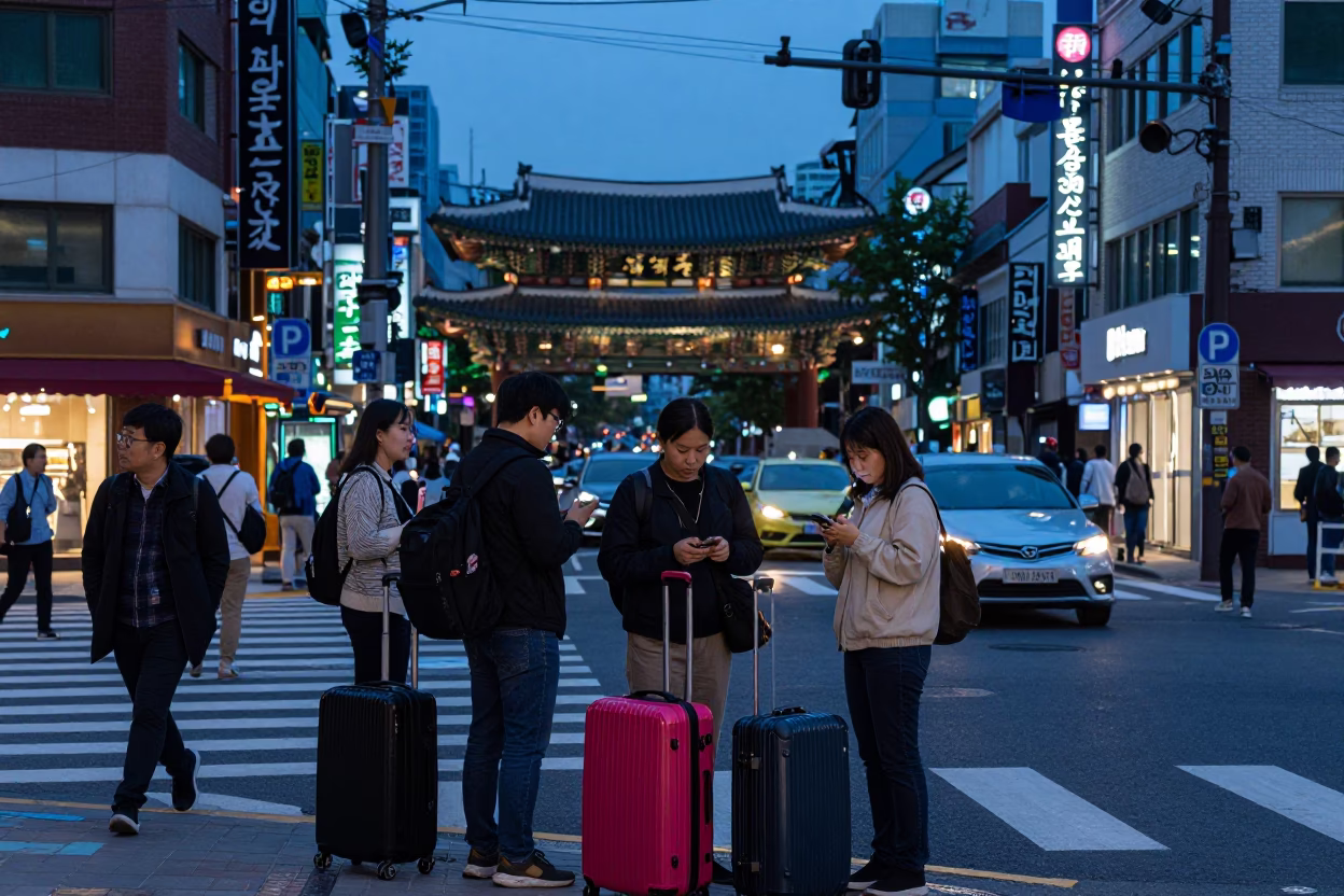 Busy Seoul Street at Indigo Twilight with Travelers and Neon Lights in in Seoul, South Korea