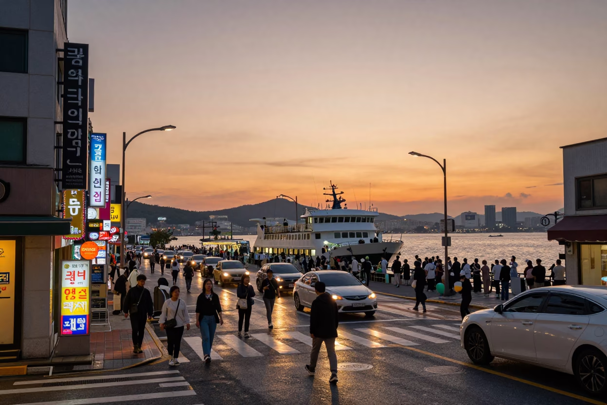 Busy Seoul Street at Sunset with Ferry Dock and Urban Life in in Seoul, South Korea