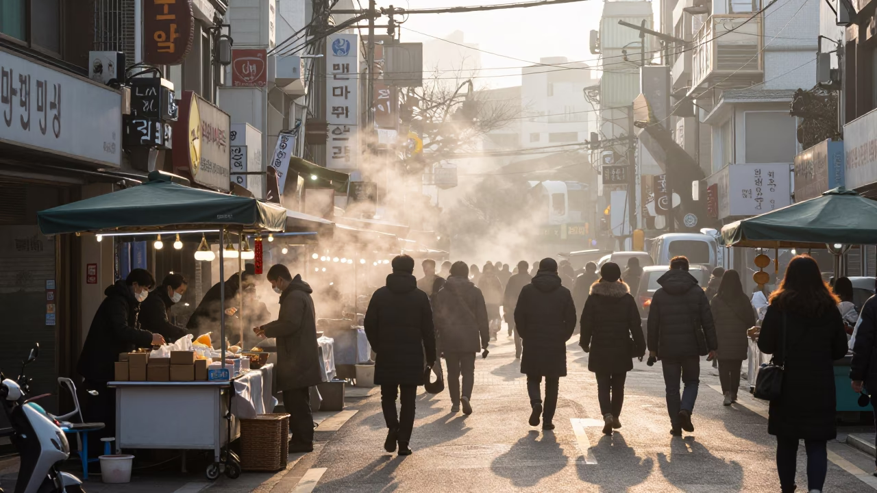 Busy Seoul Street Corner at Dawn with Food Vendors and Commuters in in Seoul, South Korea