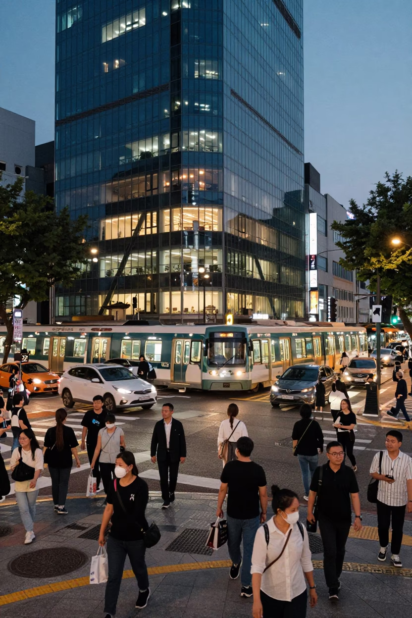 Busy Seoul Street Corner at Dusk with Glass Train Station and Neon City Lights in in Seoul, South Korea