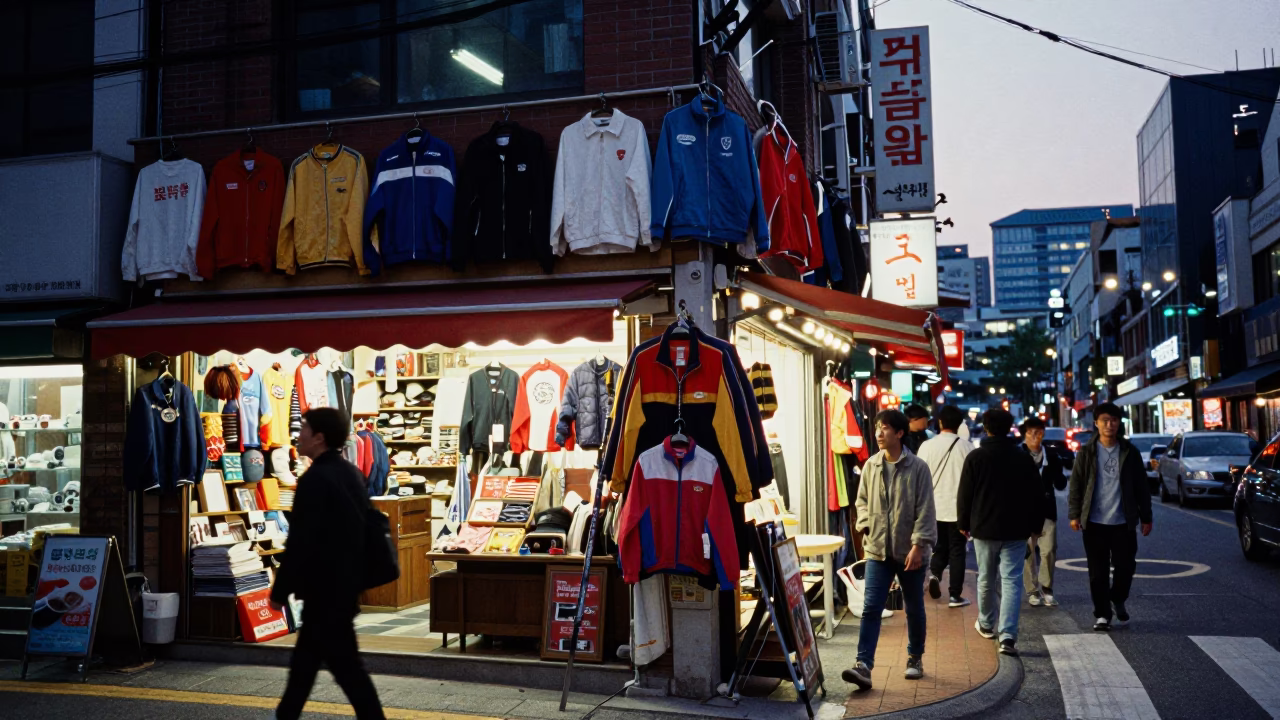 Busy Seoul Street Corner at Dusk with Hanging Shirts and Window Fan in in Seoul, South Korea