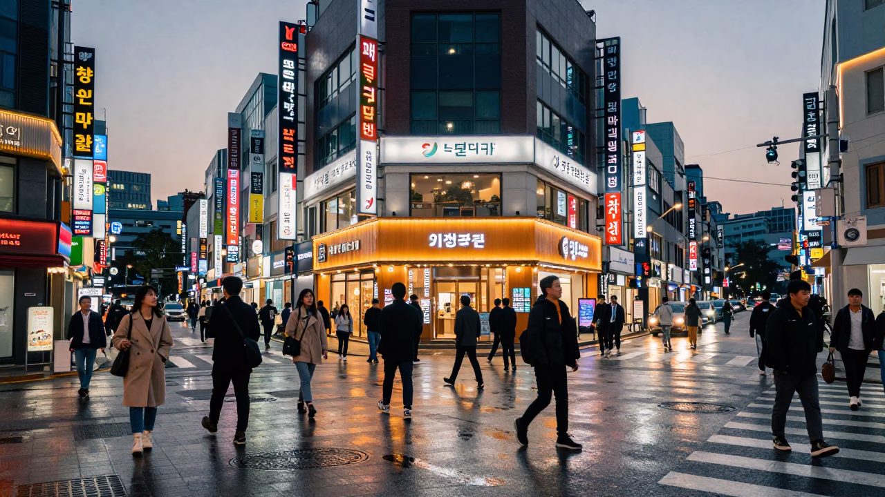 Busy Seoul Street Corner at Dusk with Neon Signs and Pedestrians in in Seoul, South Korea