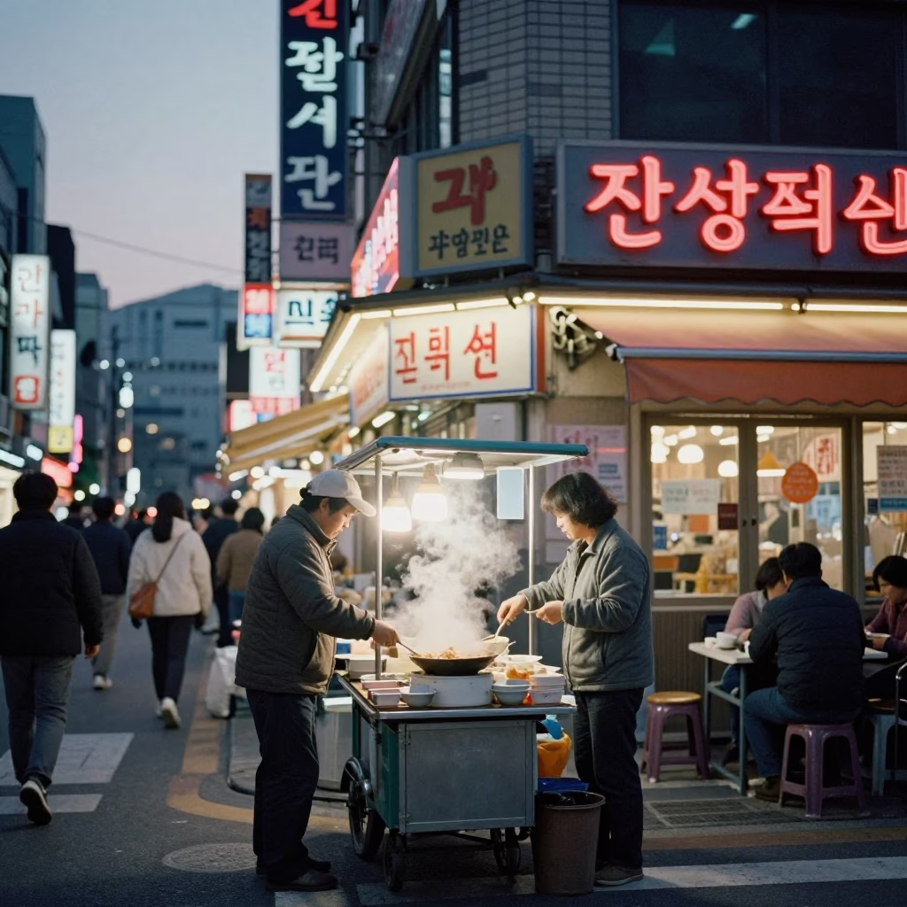 Busy Seoul Street Corner at Dusk with Neon Signs and Traditional Korean Food Stall in in Seoul, South Korea