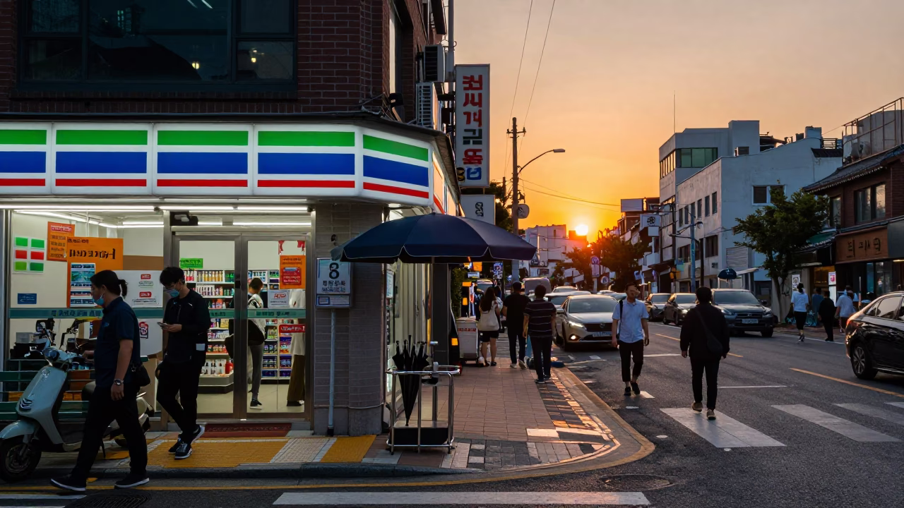 Busy Seoul Street Corner at Dusk with Umbrella Stand and Pedestrians in in Seoul, South Korea