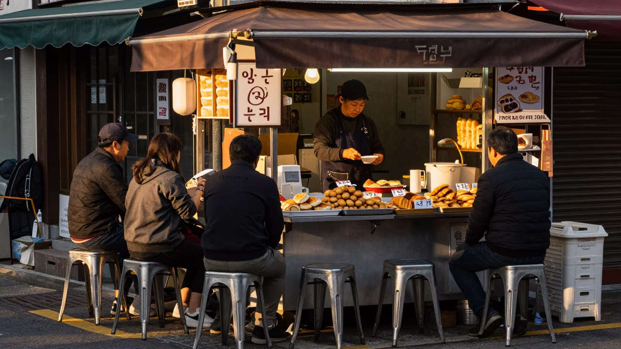 Busy Seoul Street Corner at Golden Hour with Metal Stools and Pastries in in Seoul, South Korea