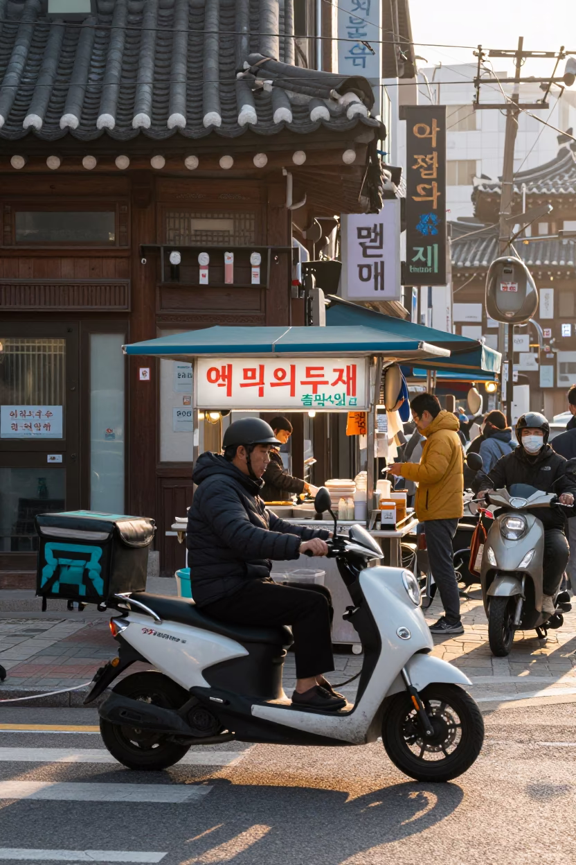 Busy Seoul Street Corner at Sunrise with Delivery Scooter and Local Breakfast Stall in in Seoul, South Korea