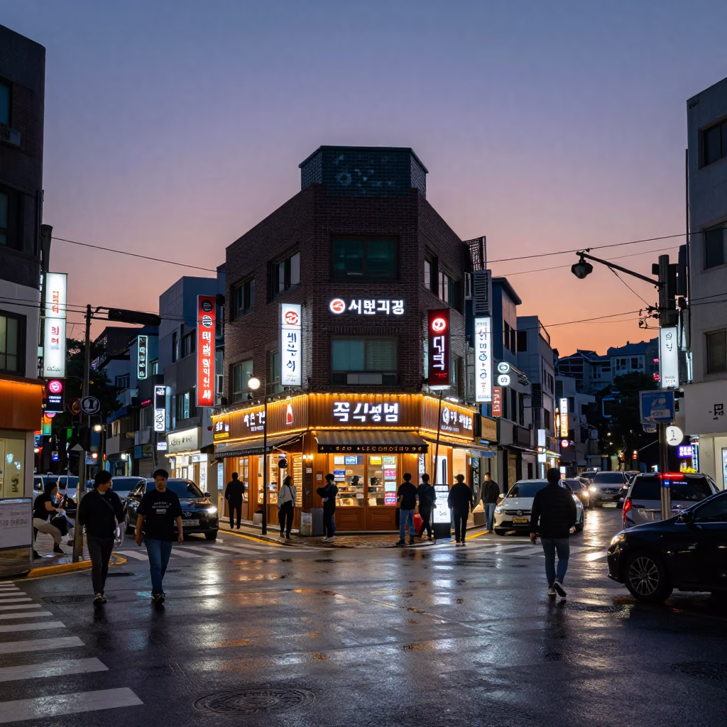 Busy Seoul Street Corner at Twilight with Neon Signs and Pedestrians in in Seoul, South Korea
