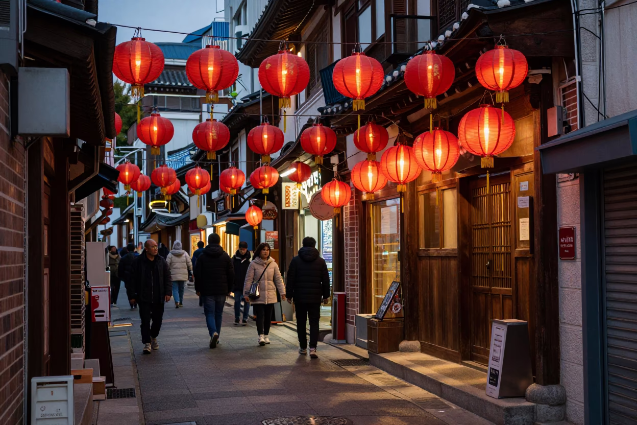 Busy Seoul Street Corner Before Dusk with Hanging Lanterns and Porcelain Jars in in Seoul, South Korea