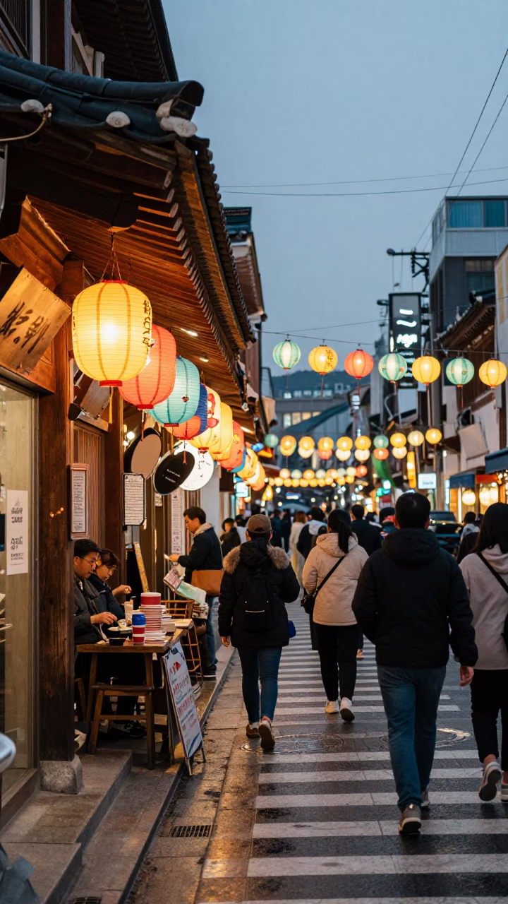 Busy Seoul Street Corner Early Evening with Lanterns and Local Commerce in in Seoul, South Korea