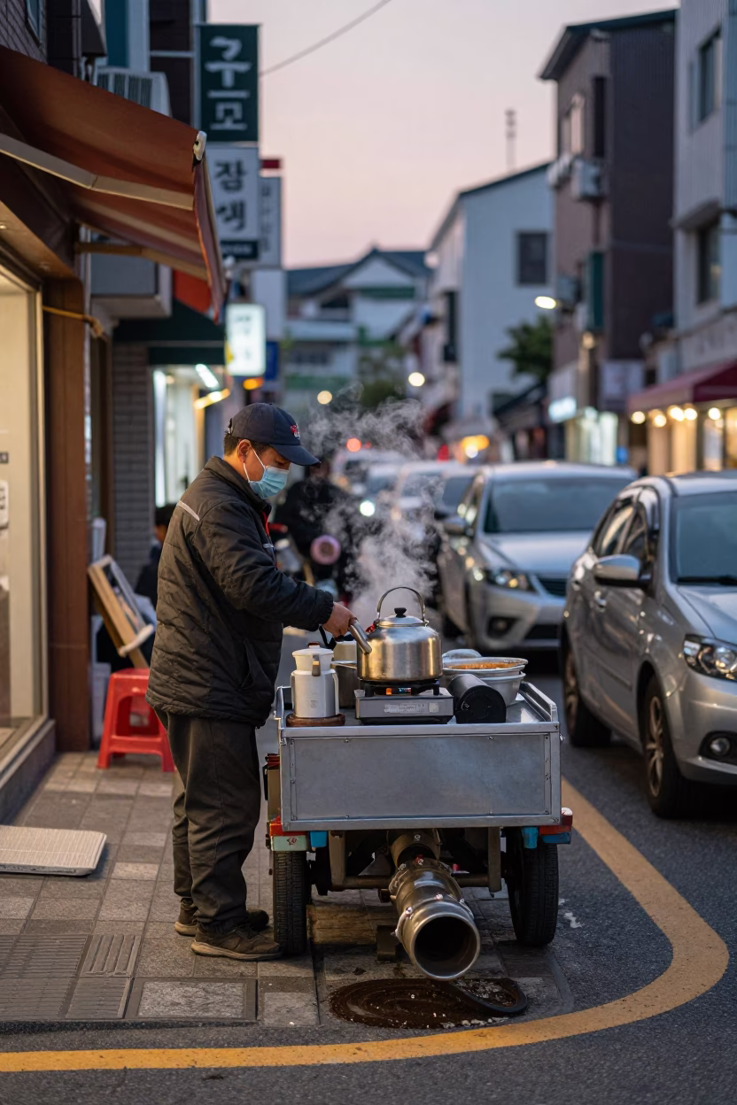 Busy Seoul Street Corner Early Evening with Steaming District Heating Pipes and Traditional Kettle in in Seoul, South Korea
