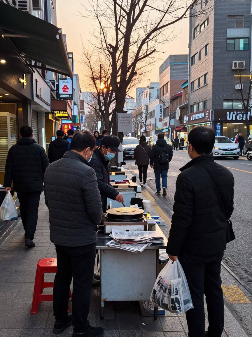 Busy Seoul Street Corner Early Morning Coffee and Newspaper Routine in in Seoul, South Korea