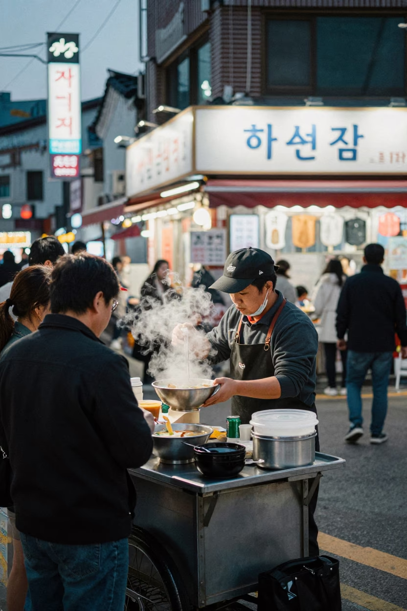 Busy Seoul Street Corner Evening with Steaming Pho and Urban Life in in Seoul, South Korea