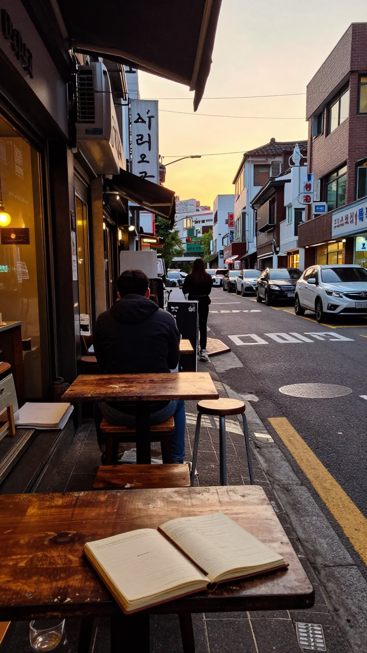 Busy Seoul Street Corner Honeyed Evening Light 1990s Nostalgia in in Seoul, South Korea