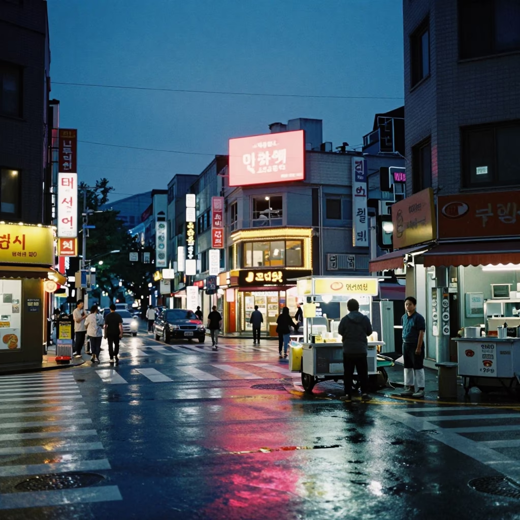 Busy Seoul Street Corner in Indigo Twilight with Drying Towels and Paper Fan in in Seoul, South Korea