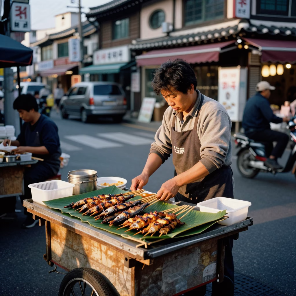 Busy Seoul Street Corner Late Afternoon with Traditional Food and Daily Life in in Seoul, South Korea