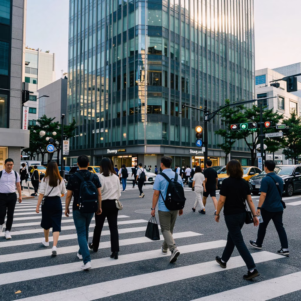 Busy Seoul Street Corner Late Morning Pedestrians and Urban Life in in Seoul, South Korea