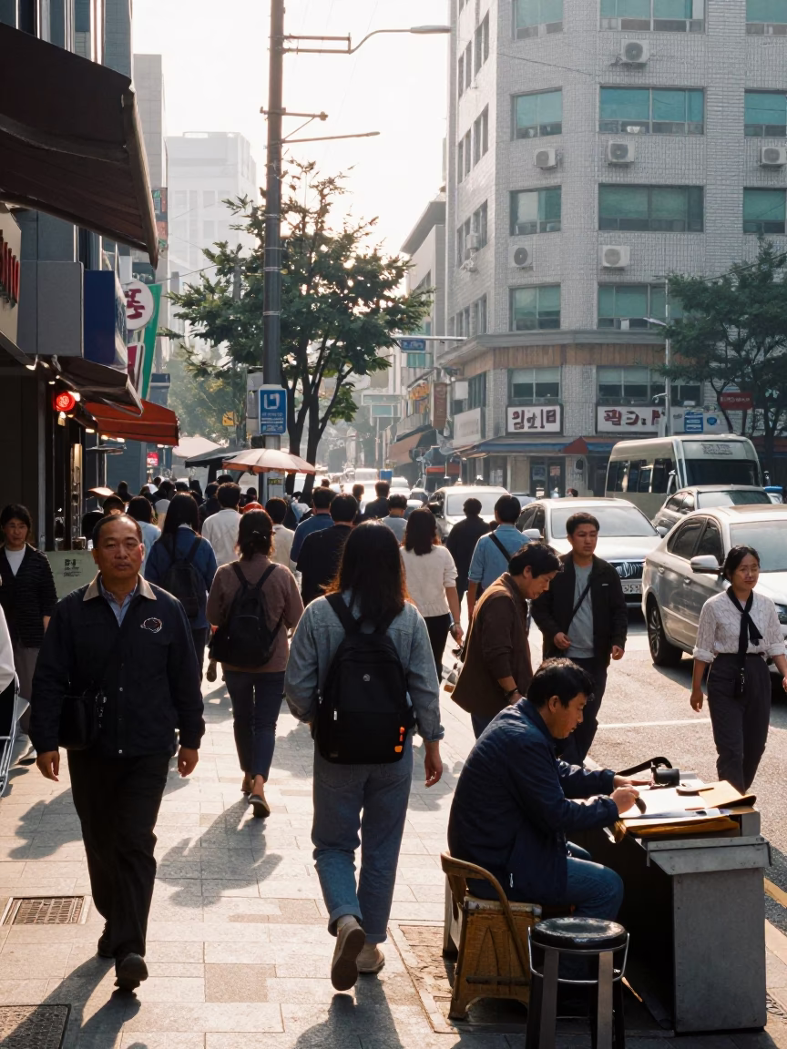 Busy Seoul Street Corner Late Morning Pedestrians and Vendors in in Seoul, South Korea