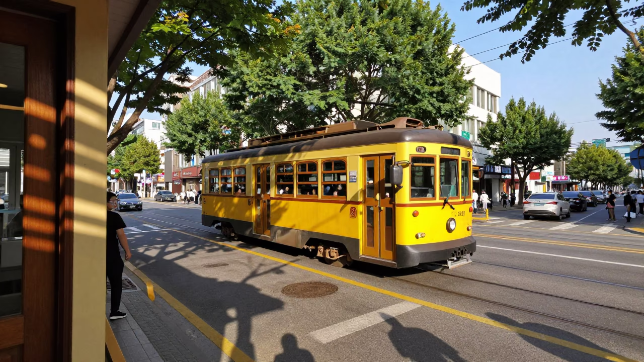 Busy Seoul Street Corner Late Morning with Heritage Tram and Wicker Shadow in in Seoul, South Korea