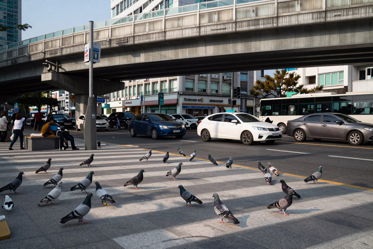 Busy Seoul Street Corner Late Morning with Pigeons and Urban Details in in Seoul, South Korea