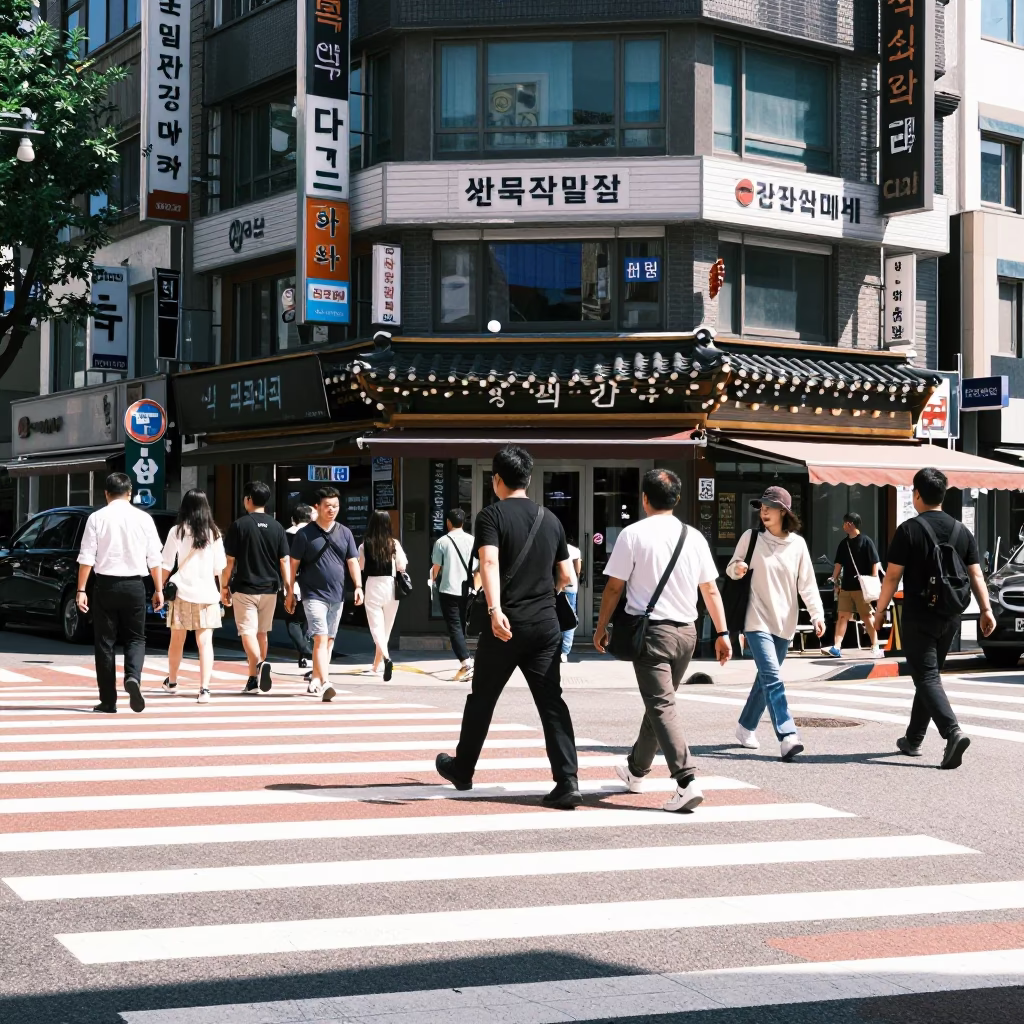 Busy Seoul Street Corner Noon Light with Korean Signage and Pedestrians in in Seoul, South Korea