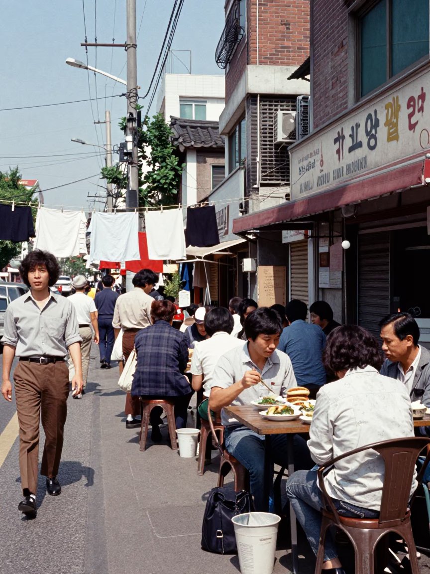 Busy Seoul Street Corner Noon Lunch with Vietnamese Bun Cha and Local Vendors in in Seoul, South Korea