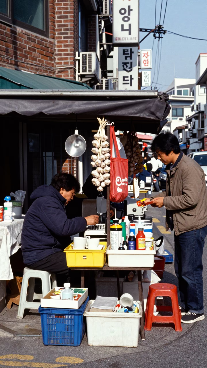 Busy Seoul Street Corner with Garlic and Sewing Supplies in Bright Midmorning Light in in Seoul, South Korea