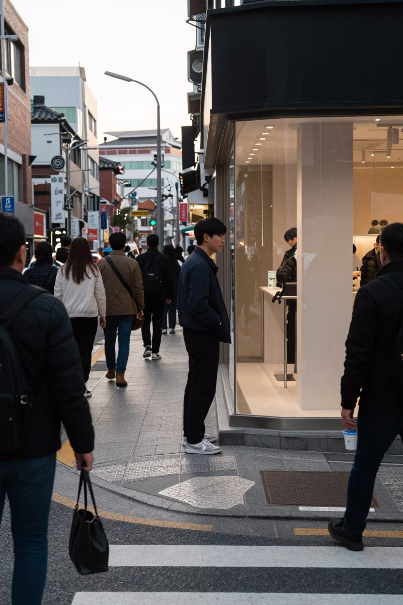 Busy Seoul Street Corner with Pedestrians and Glass of Ayran Beverage in in Seoul, South Korea