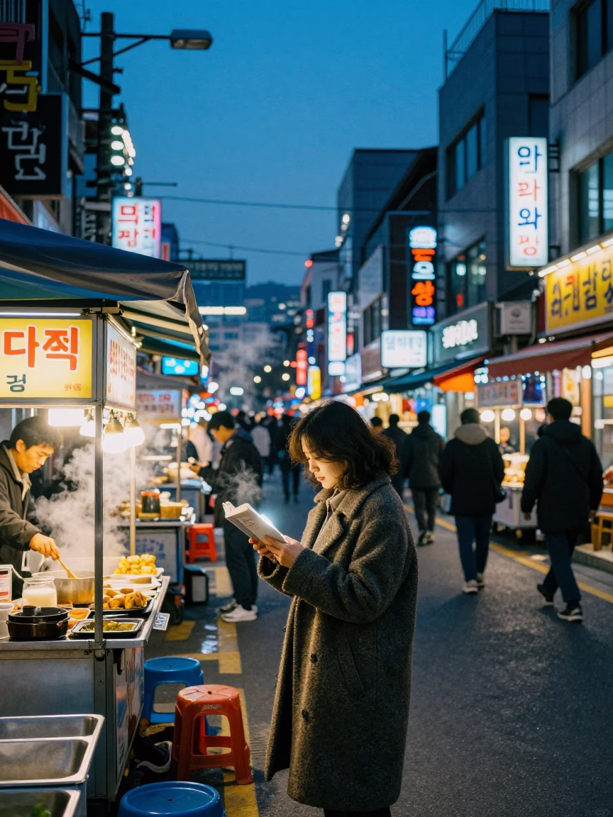 Busy Seoul Street Evening Neon Lights 1980s Aesthetic Candid Moment in in Seoul, South Korea