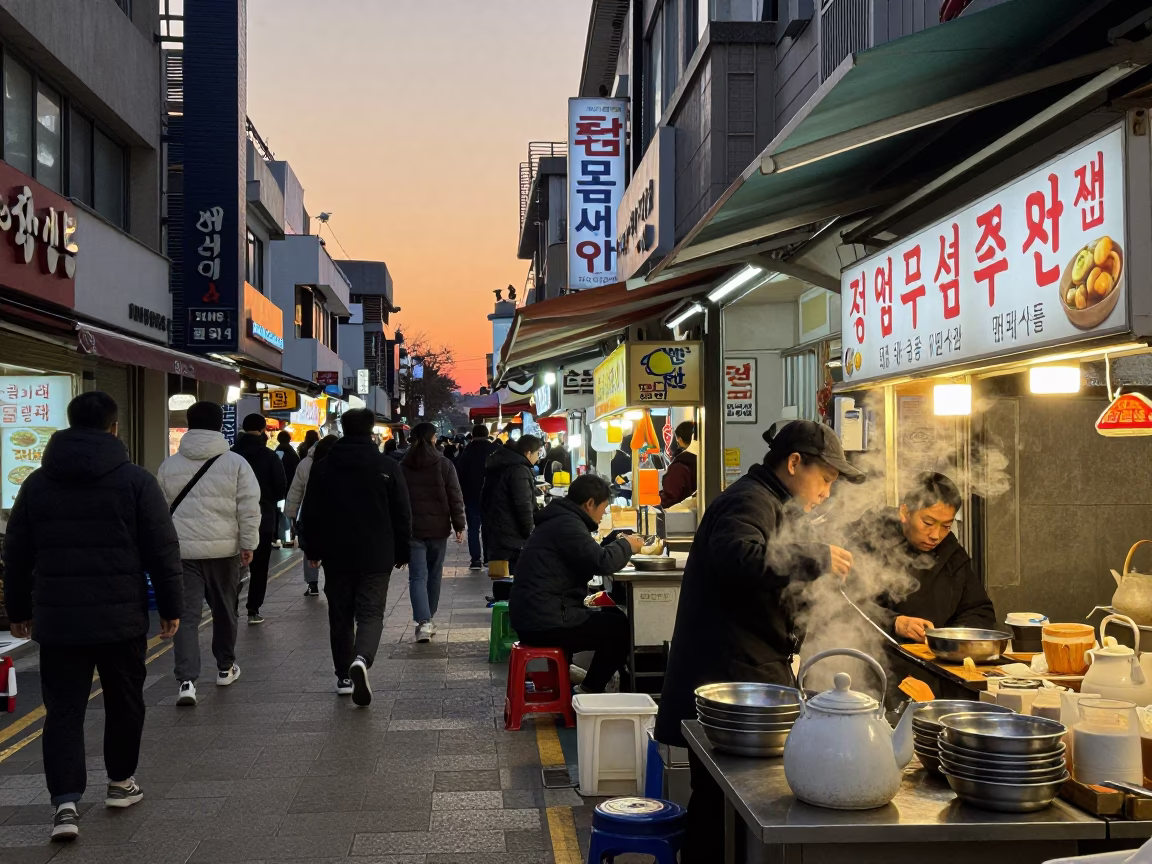Busy Seoul Street Food Stall at Dusk with Spindle Chair and Tea Kettle in in Seoul, South Korea