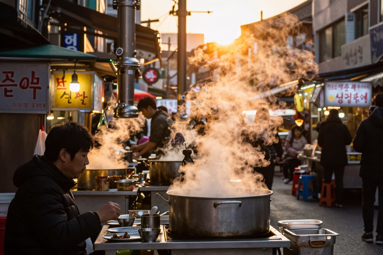 Busy Seoul Street Food Stall at Sunset with Steam and Geraniums in in Seoul, South Korea