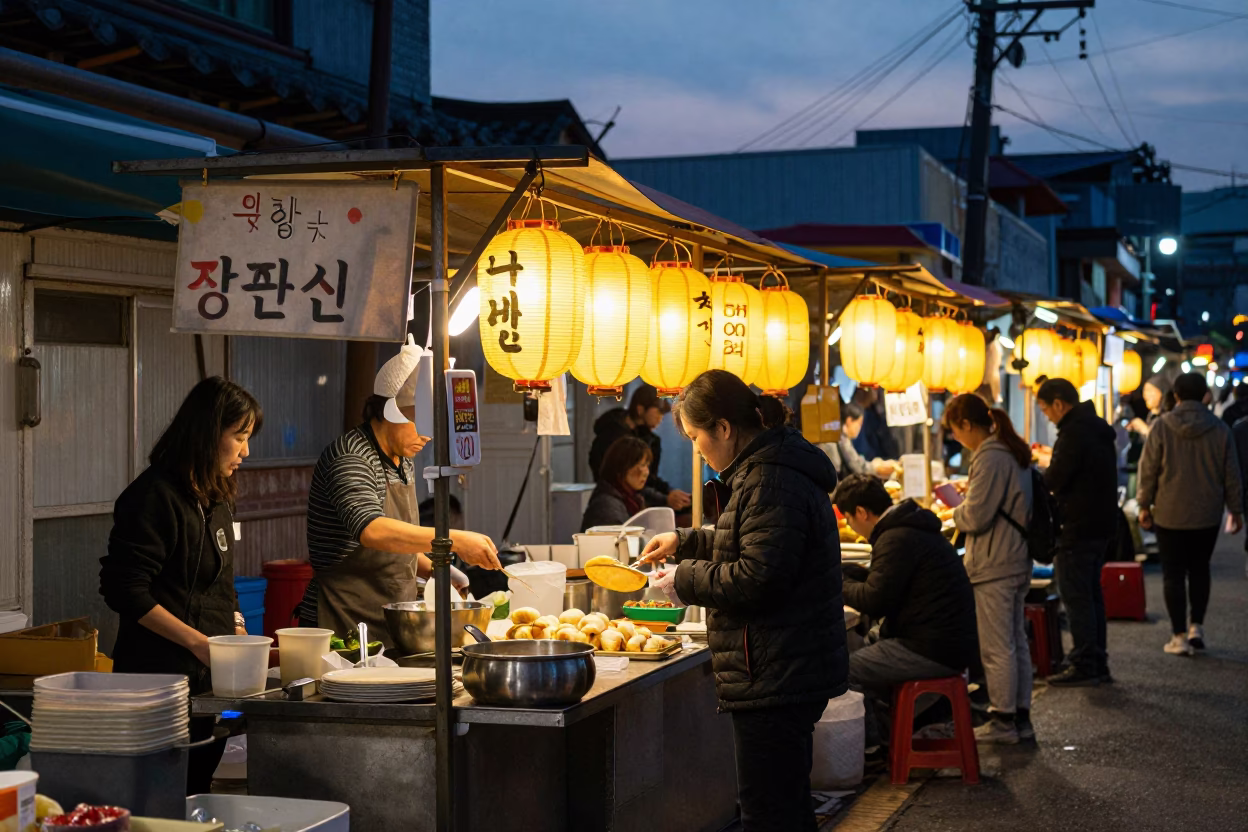 Busy Seoul Street Food Stall at Twilight with Mandu Dumplings and Traditional Porcelain Plates in in Seoul, South Korea