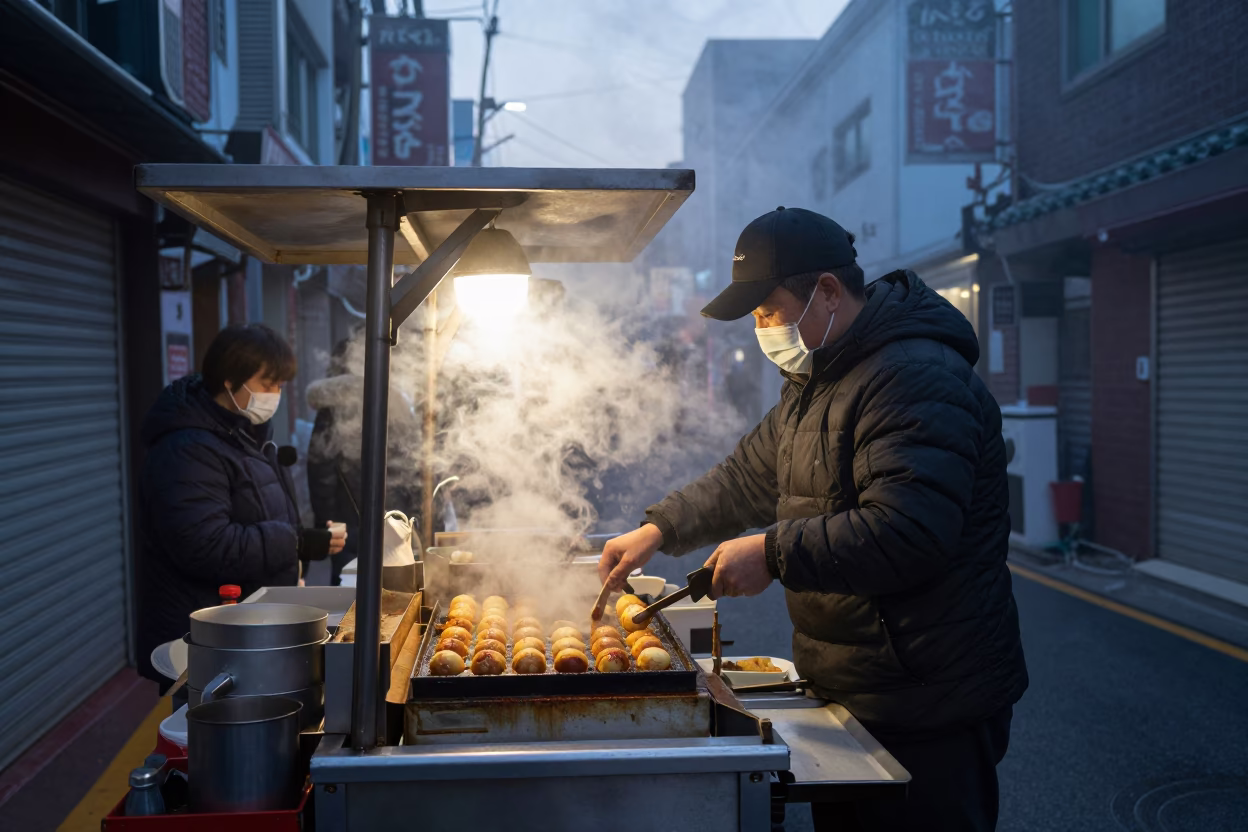 Busy Seoul Street Food Stall Before Dawn with Takoyaki Grill and Urban Background in in Seoul, South Korea